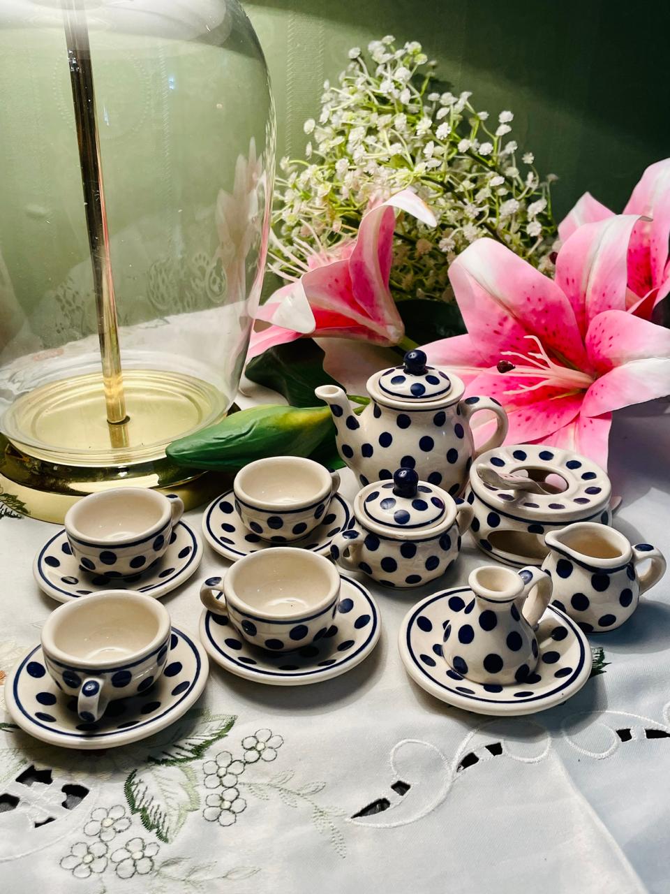 Vintage Blue Polka Dot Miniature Ceramic Tea Set 13 Piece