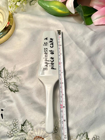White Ceramic Cake Server 10" – “Happiness is a Piece of Cake”