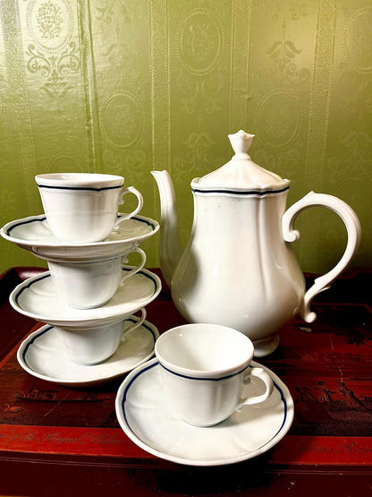Blue Trim 9-Piece Coffee Set with Pot, Cups & Saucers