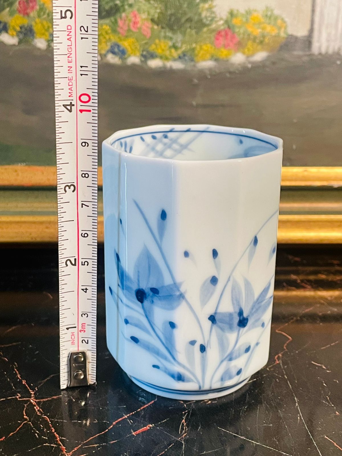 Japanese Blue & White Porcelain Cup ( 9cm )– Hand-Painted Floral Design – Hexagonal Shape. Japan