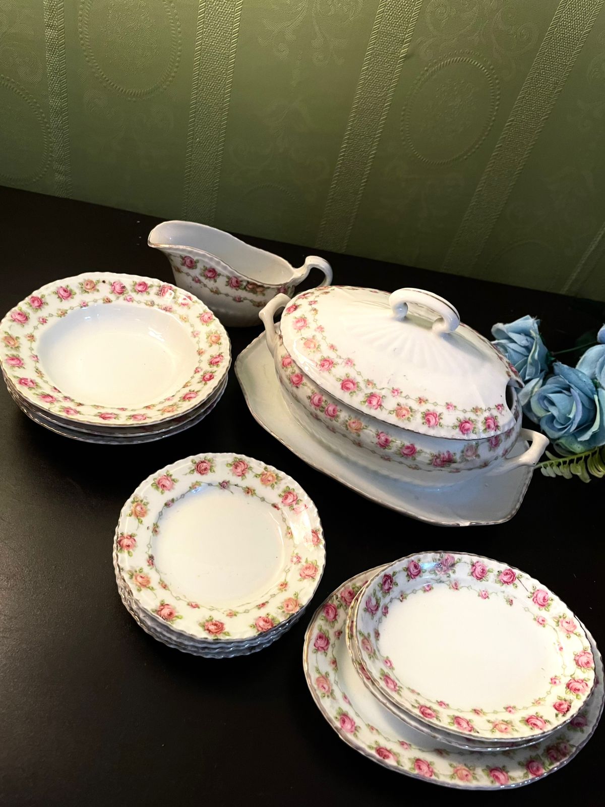 Vintage Rose China Serving Set with Tureen & Gravy Boat