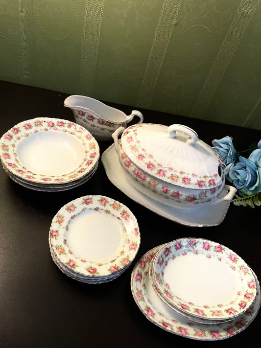 Vintage Rose China Serving Set with Tureen & Gravy Boat