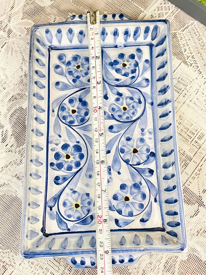 Hand Painted Blue Floral Rectangular Ceramic Serving Tray