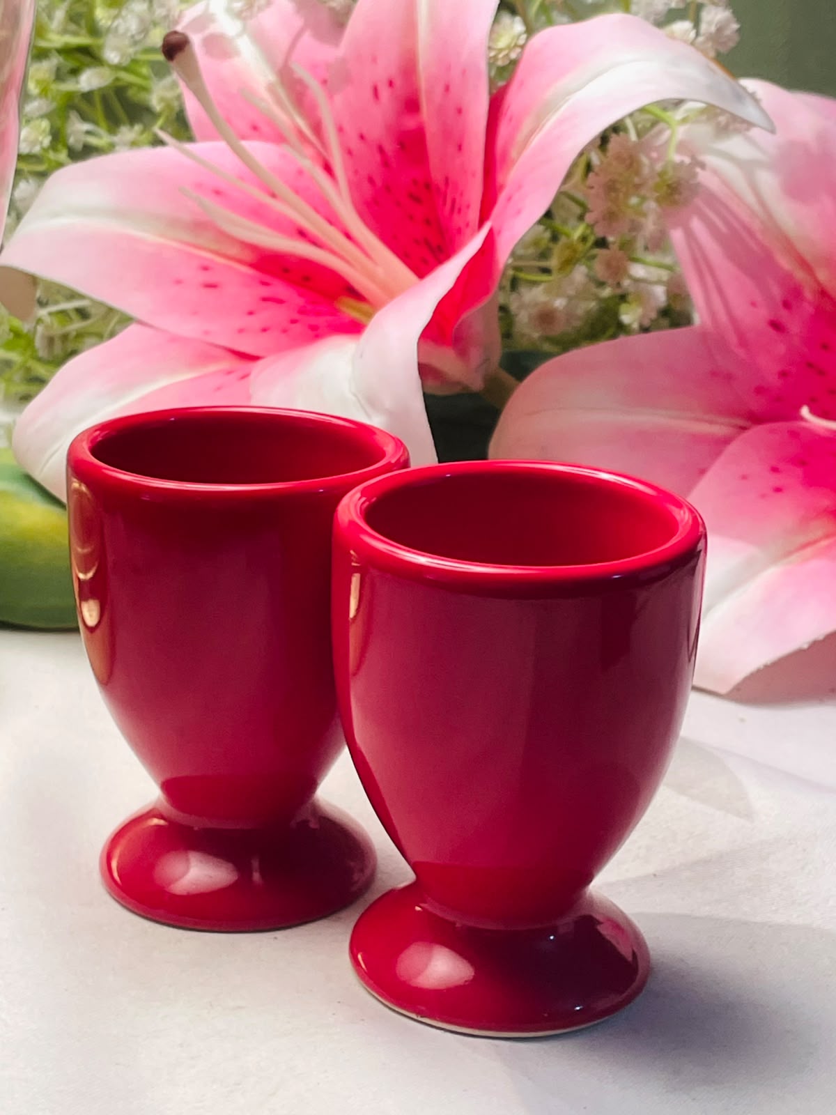 Pair of Red Ceramic Pedestal Egg holders Approx. 8 cm