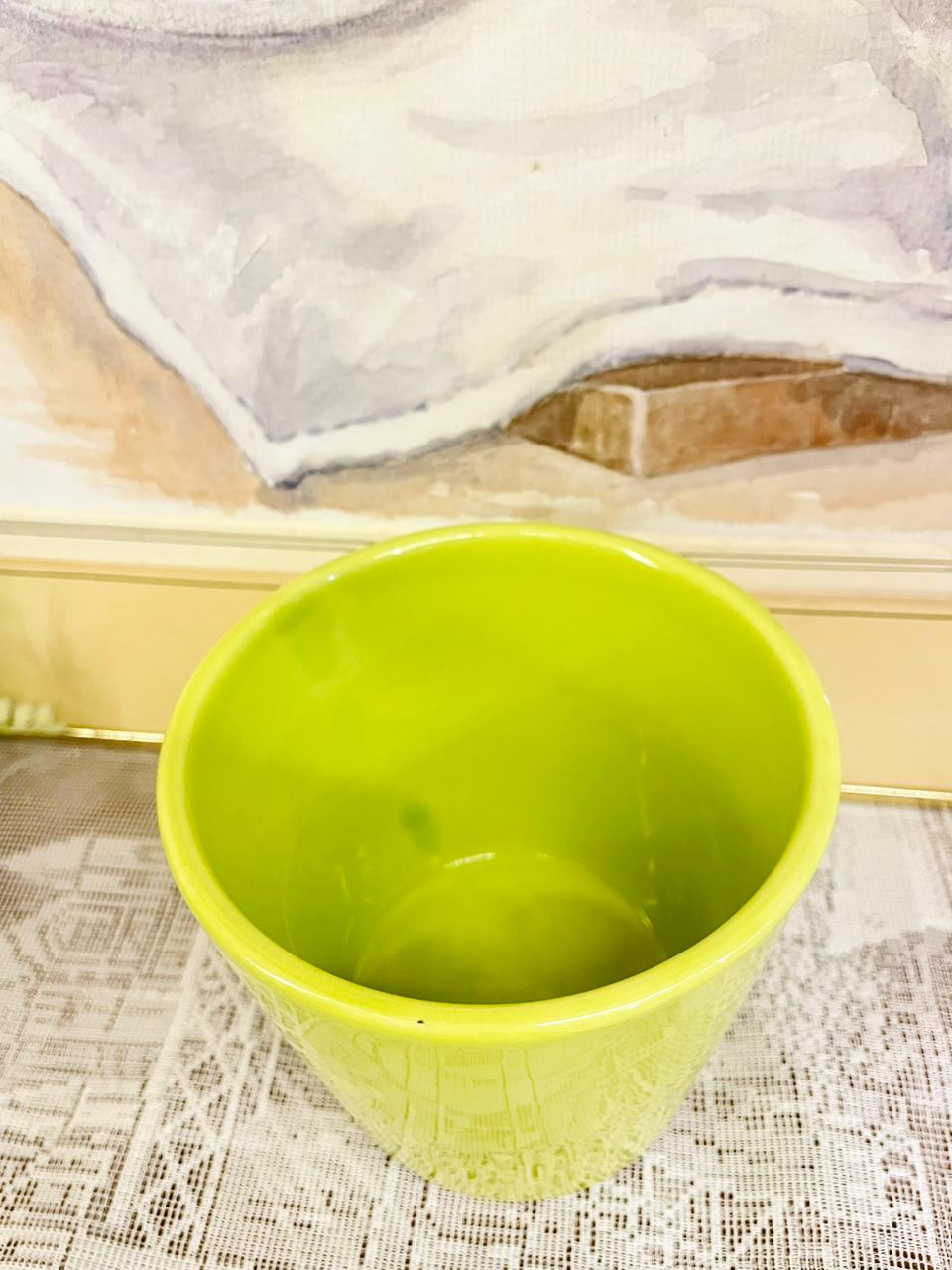 Vintage Lime Green Ribbed Ceramic Planter Pot
