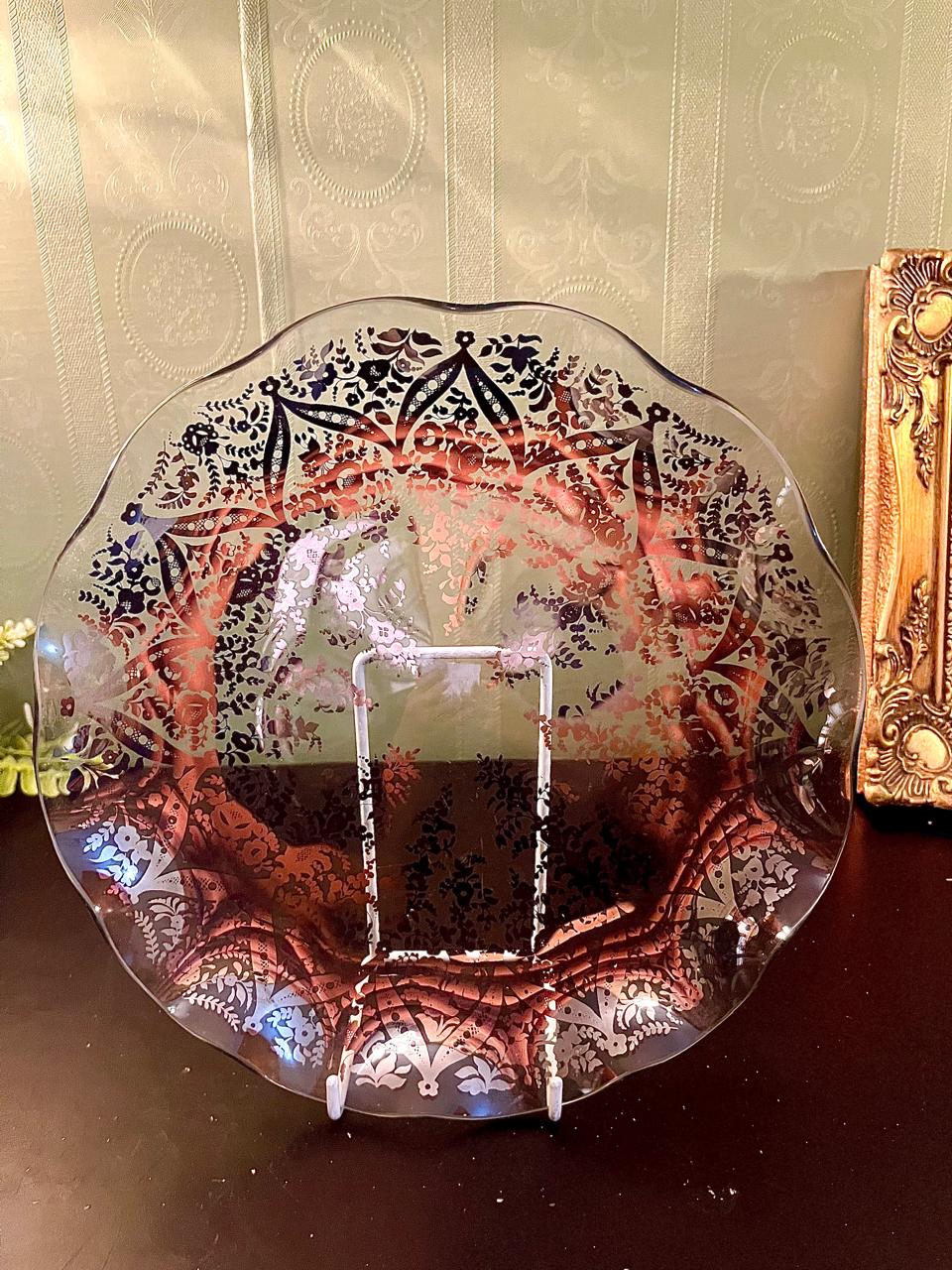 Decorative Glass Floral Serving Plate 10 Inch