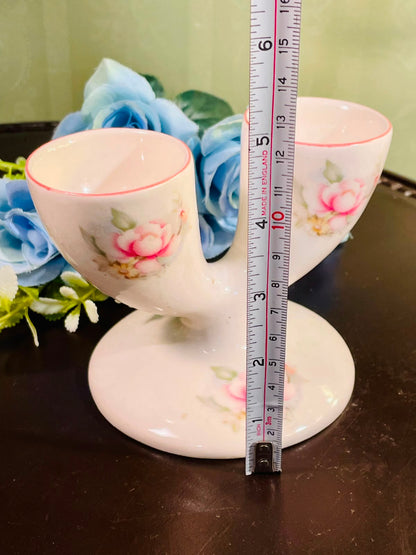 Vintage Floral Double Egg Cup Holder – Pink Rose Ceramic 10cm