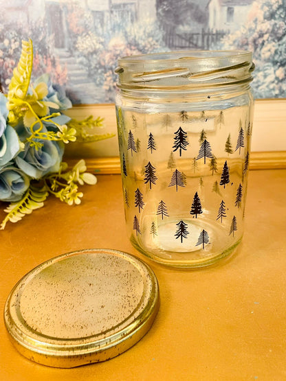 Tree Print Glass Storage Jar with Gold Lid Aesthetic Jar