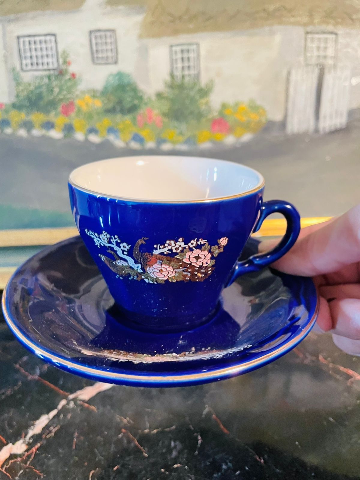 Vintage Amsel Japan Cobalt Blue Mini Cup & Saucer – Hand-Painted Golden Peacocks – 2.5 Inches