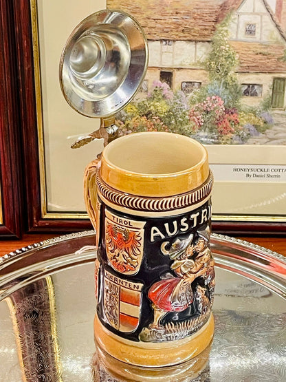 Vintage German Mug with Pewter Lid – Embossed Design