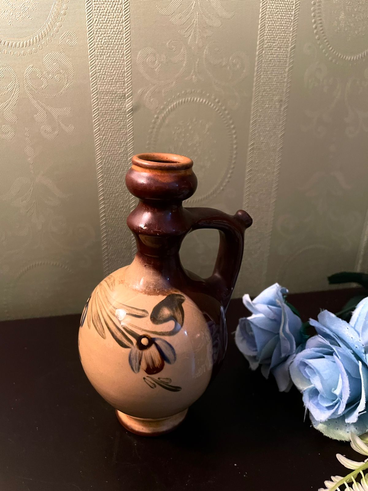 Vintage Ceramic Oil Bottle with Hand-Painted Floral Design 6 Inch