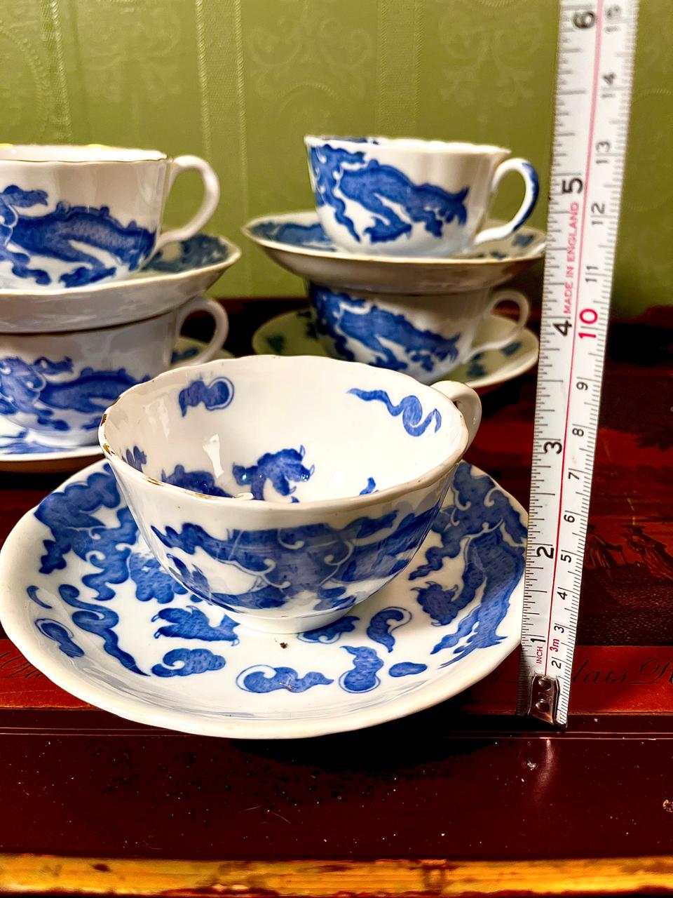 Vintage Blue & White Dragon Tea Cup & Saucer Set | 5 Persons