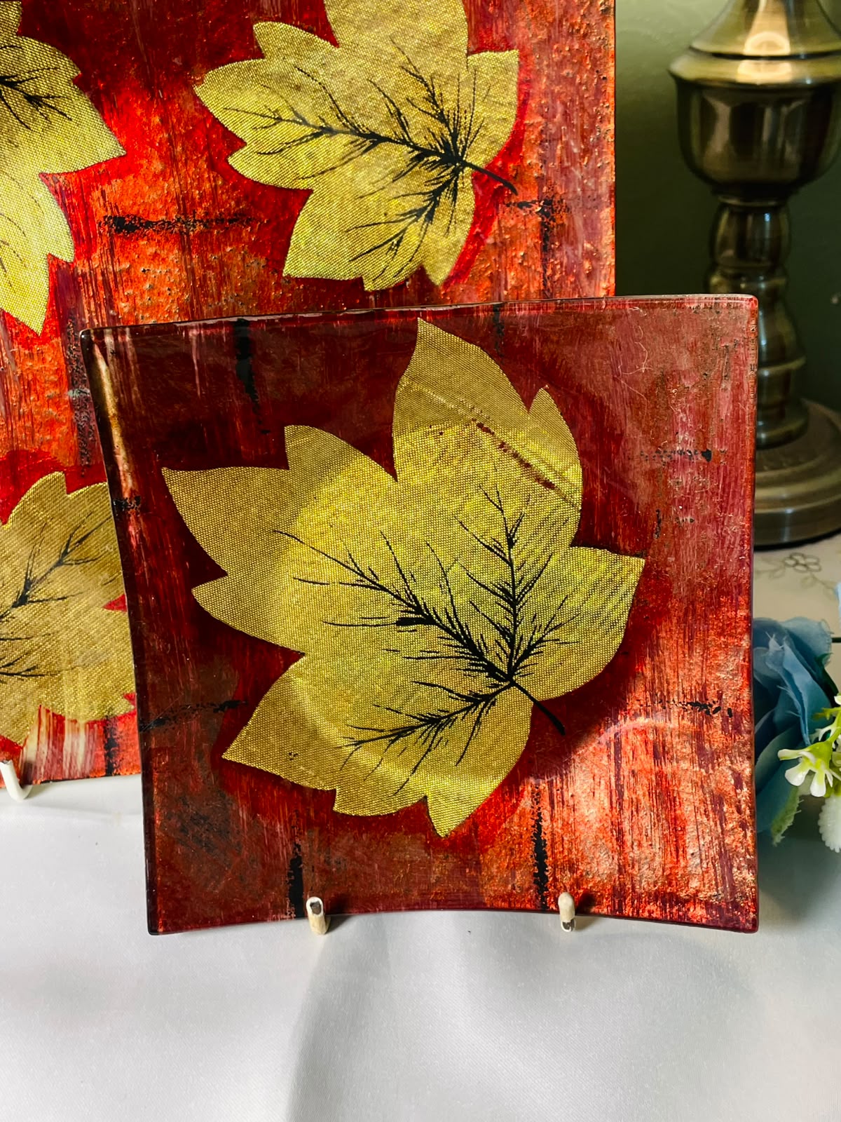 Set of 2 Red & Gold Leaf Glass Serving platter