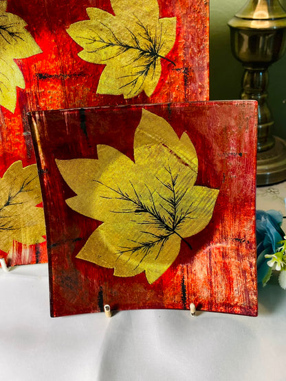 Set of 2 Red & Gold Leaf Glass Serving platter