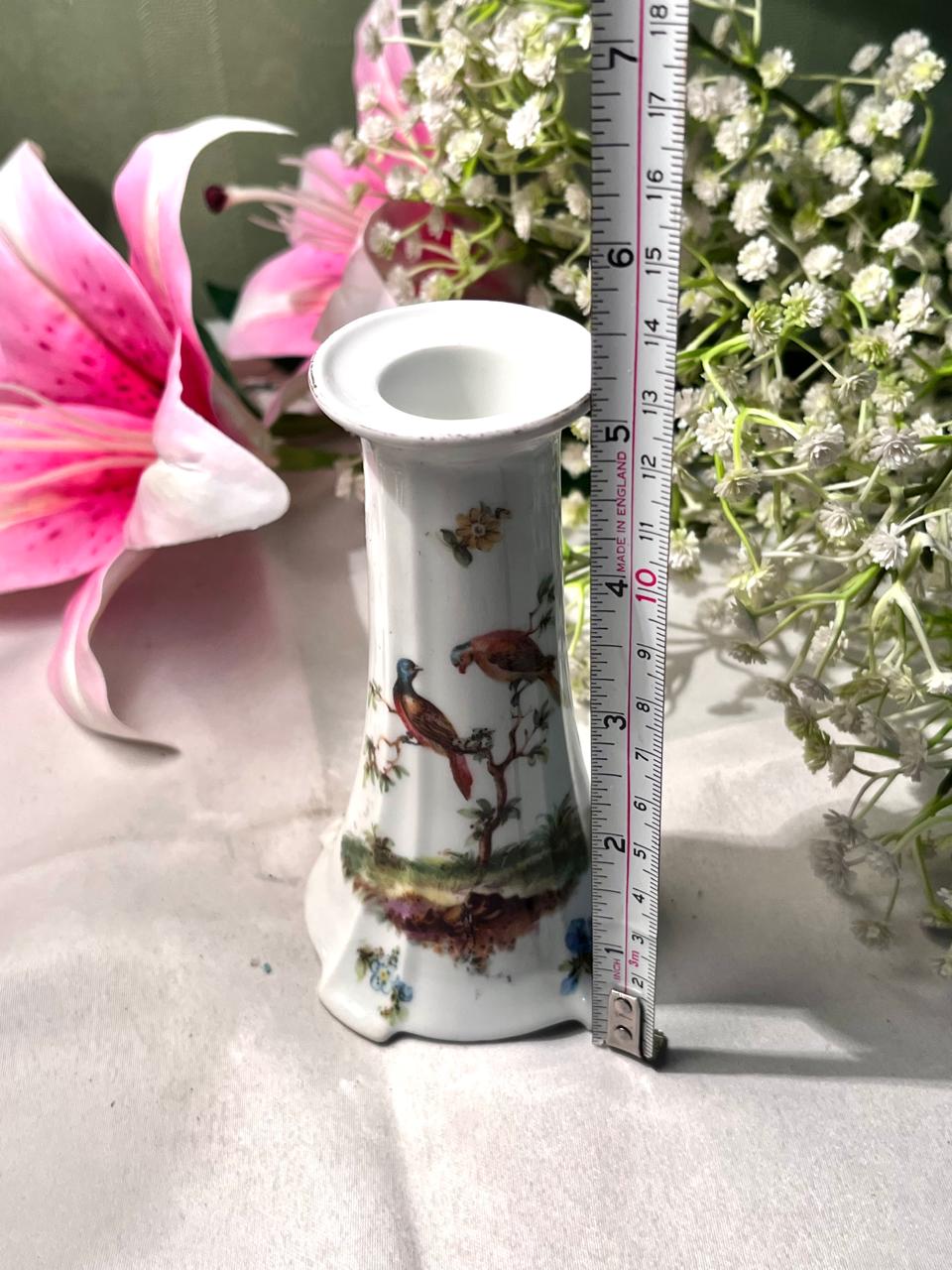 White Ceramic Bird & Floral Bud Candle holder 5 Inch