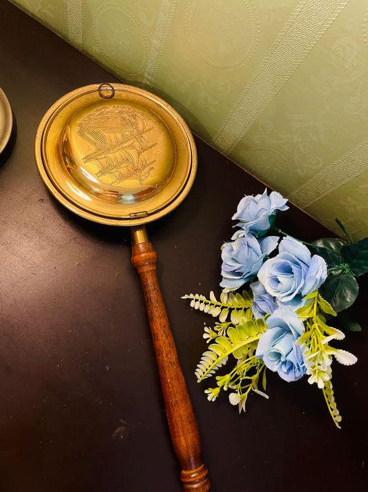 Vintage Brass Warming Pan Wall Decor with Wooden Handle