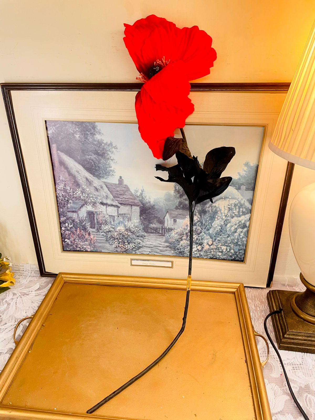 Vintage Red Faux Poppy Stem 28"