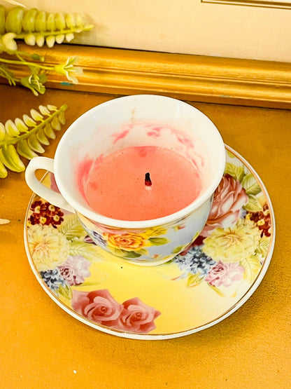Floral Teacup Candle Set with Saucers Vintage Style