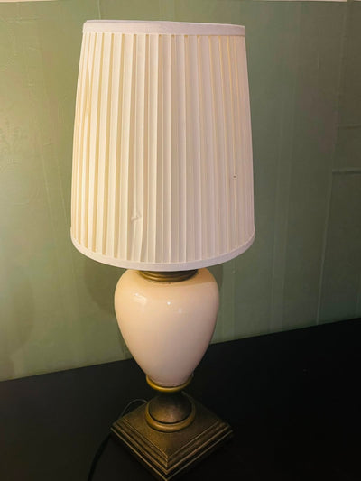 Vintage White Ceramic Table Lamp with Pleated Shade
