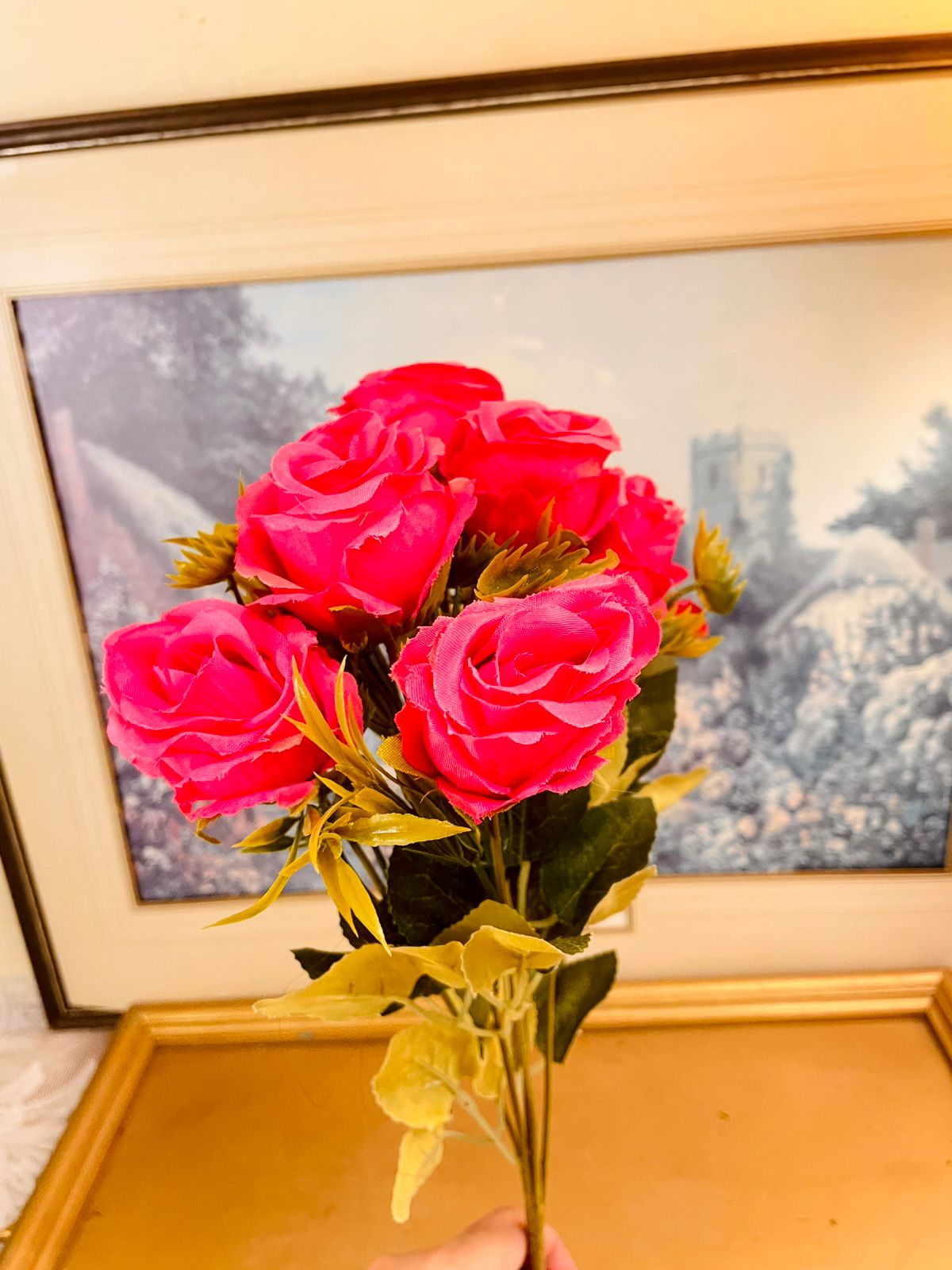Vintage Hot Pink Faux Rose Bouquet 12.5"