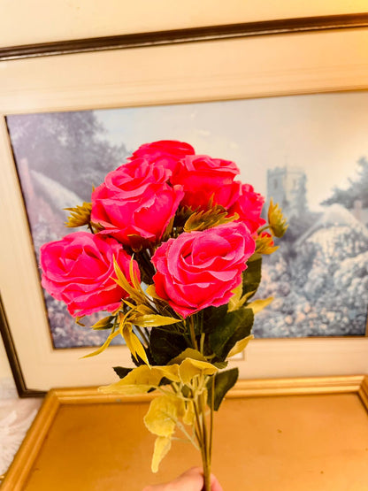 Vintage Hot Pink Faux Rose Bouquet 12.5"