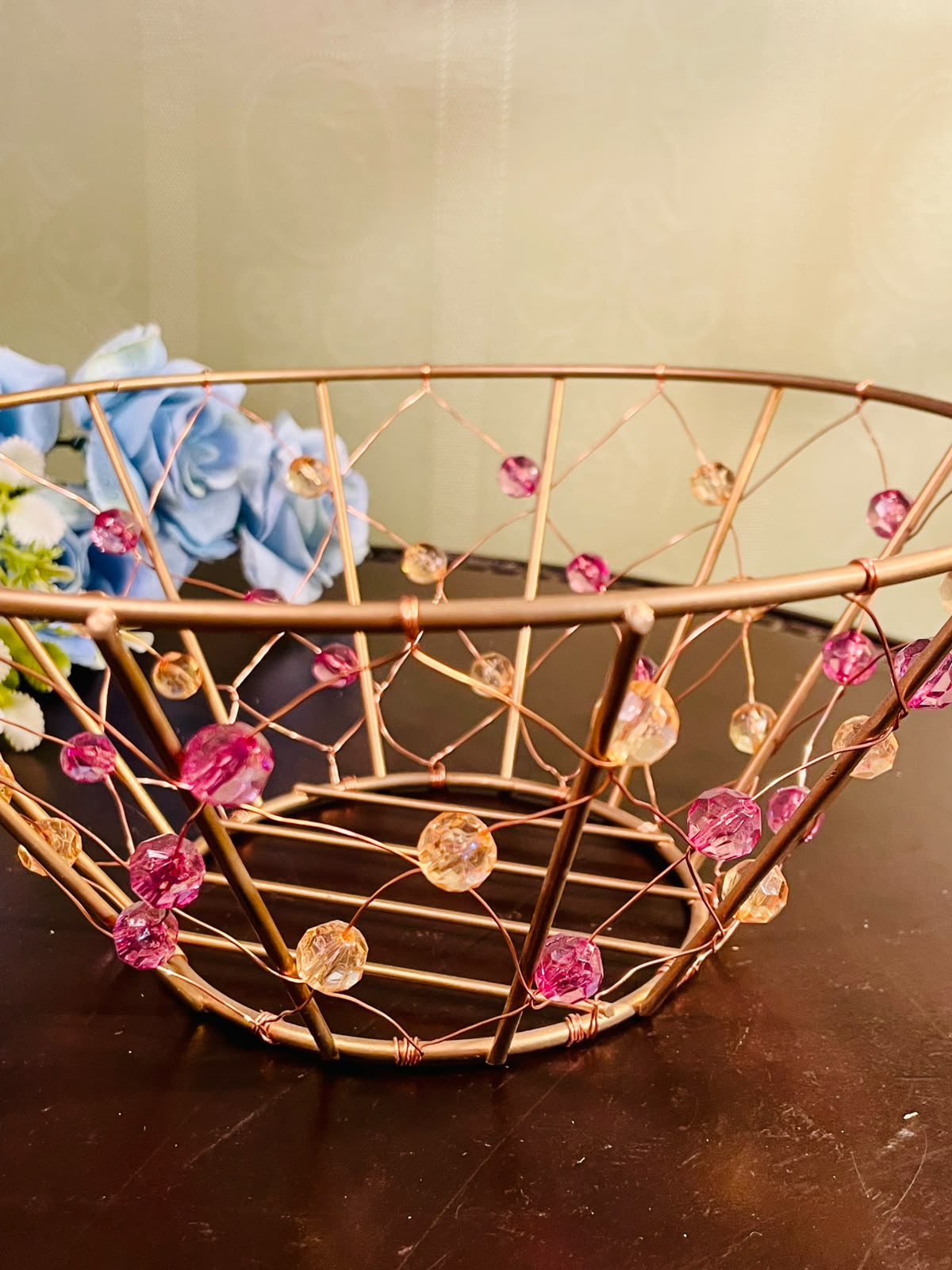 Decorative Gold Metal Fruit Basket with Crystal Bead Accents