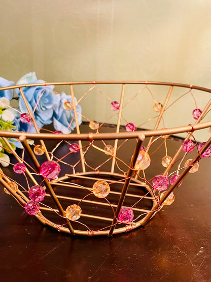 Decorative Gold Metal Fruit Basket with Crystal Bead Accents