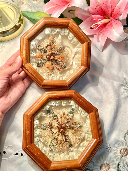 Set of 2 Victorian Dried Floral Shadow Box Frames with Lace – 6 Inches