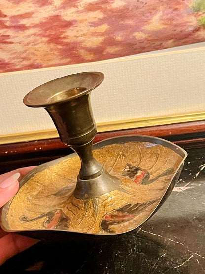Antique Brass Candle Holder with Hand-Painted Birds – England