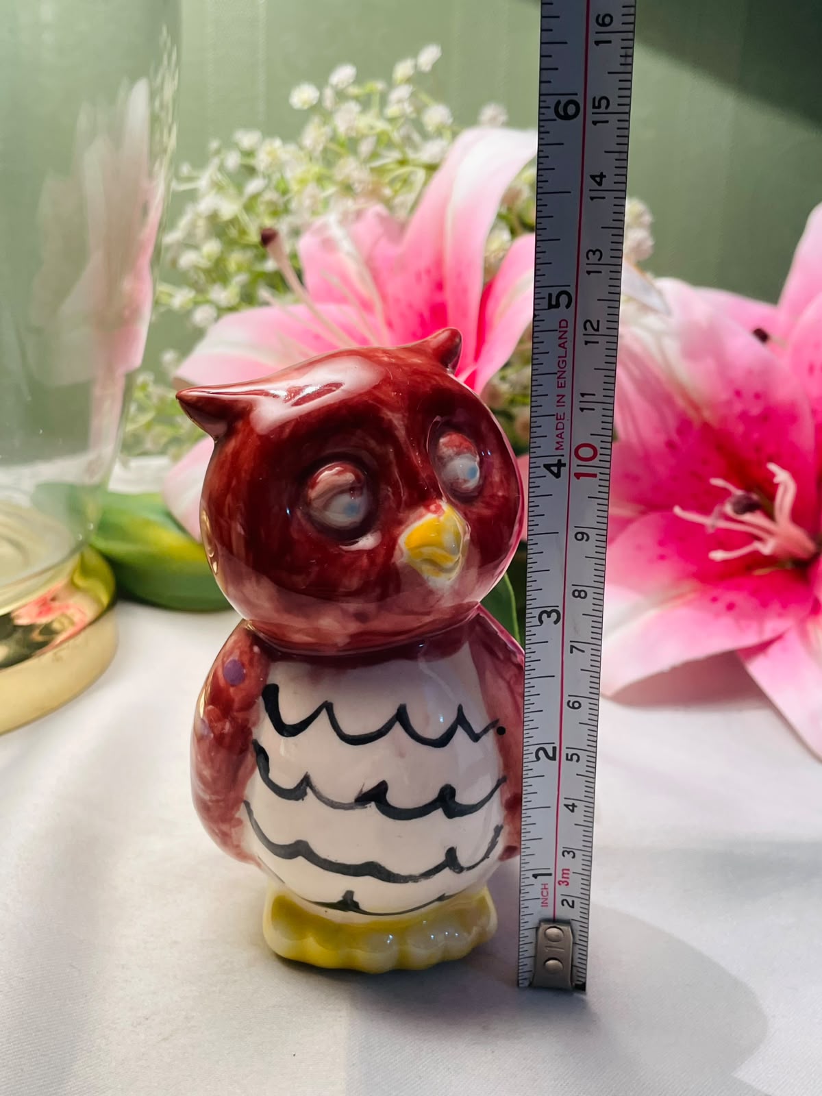 Vintage Hand painted Ceramic Owl Figurine Burgundy & Cream Approx. 11 cm