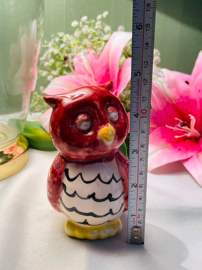 Vintage Hand painted Ceramic Owl Figurine Burgundy & Cream Approx. 11 cm