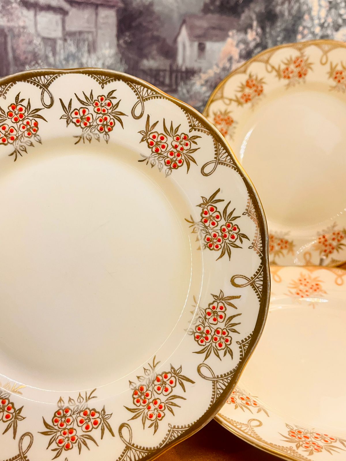 Vintage Floral Plate Set with Gold Rim Set of 4 - Plates