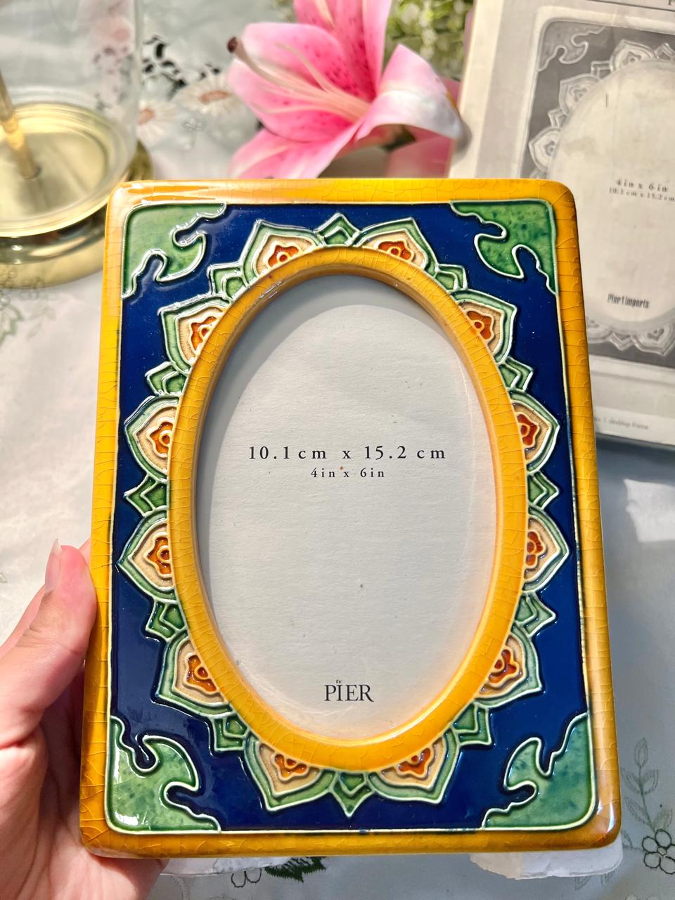 Hand Painted Colourful Ceramic Photo Frame – Blue & Yellow, 4 x 6 Inches