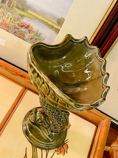 Vintage Dolphin Pedestal Dish – Green Glazed Ceramic Bowl