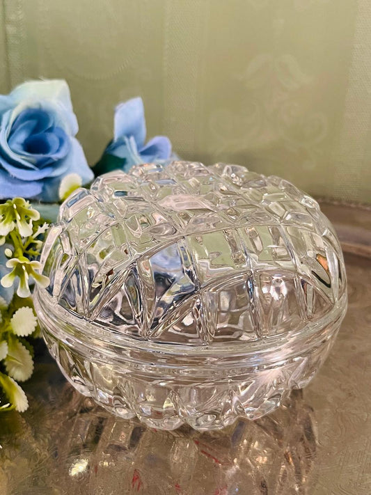 Vintage Pressed Crystal Lidded Bowl 12 cm Geometric Design