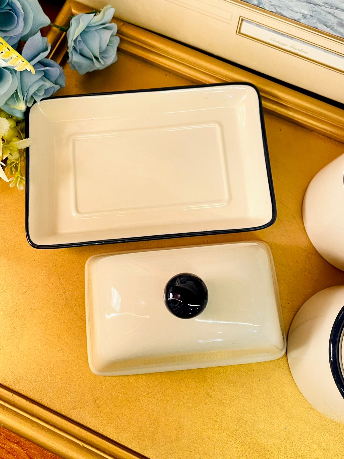 Vintage Enamel Kitchen Canister Set with Butter Dish | Cream & Black