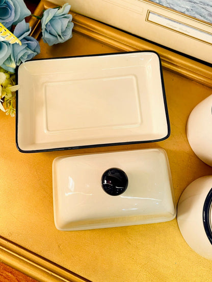 Vintage Enamel Kitchen Canister Set with Butter Dish | Cream & Black