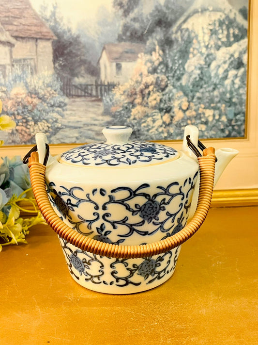 Vintage Blue & White Ceramic Teapot with Bamboo Handle