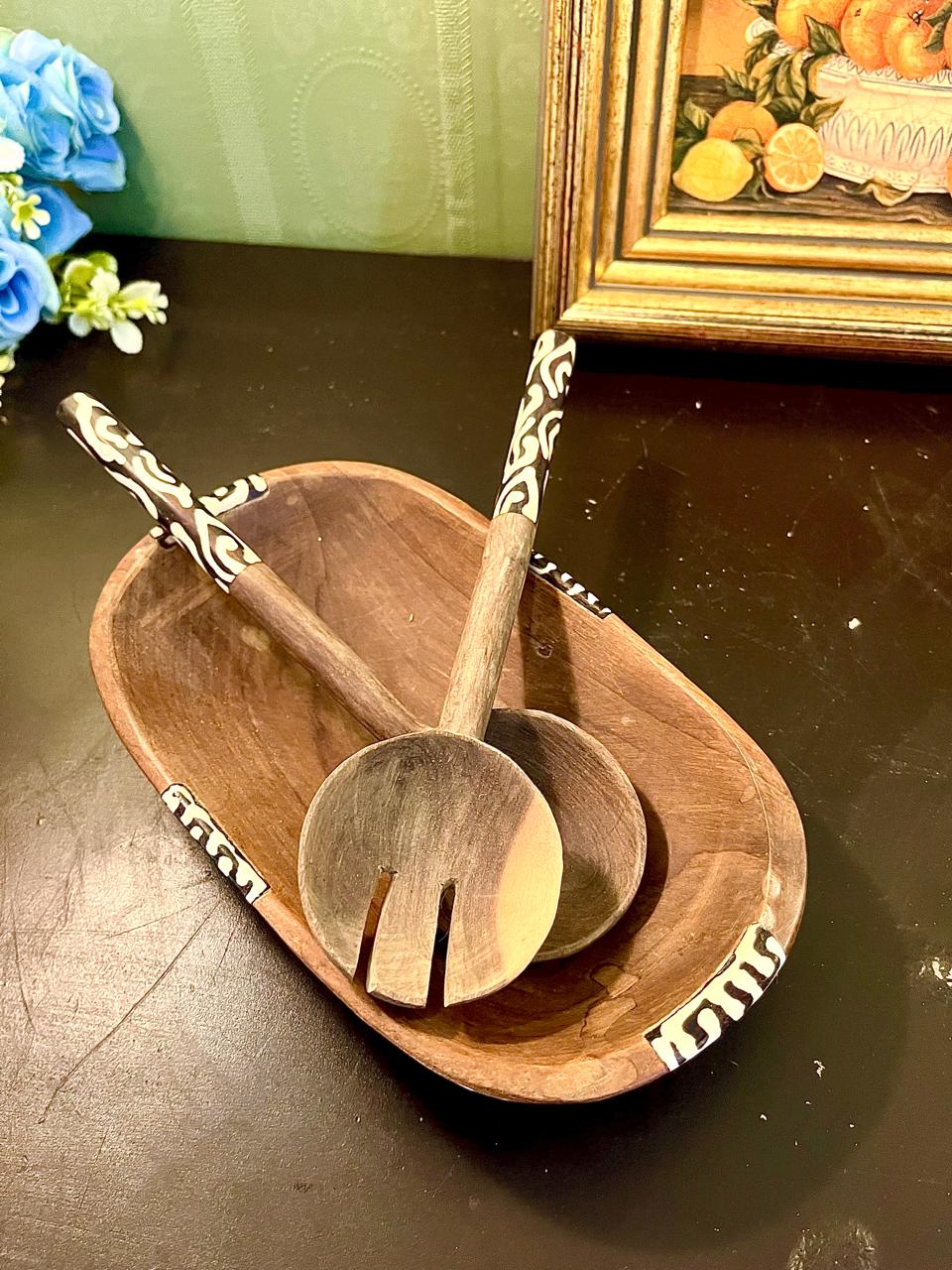 Vintage Wooden Salad Bowl & Servers Set 20 cm