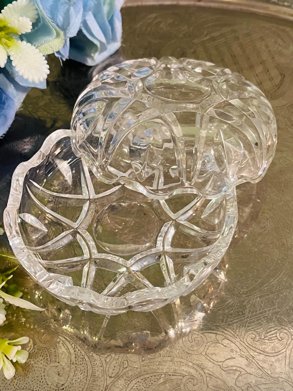 Vintage Pressed Crystal Lidded Bowl 10 cm Geometric Design