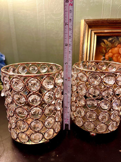 Set of 2 Crystal Beaded Rose Gold Tealight Holders – 5 Inch