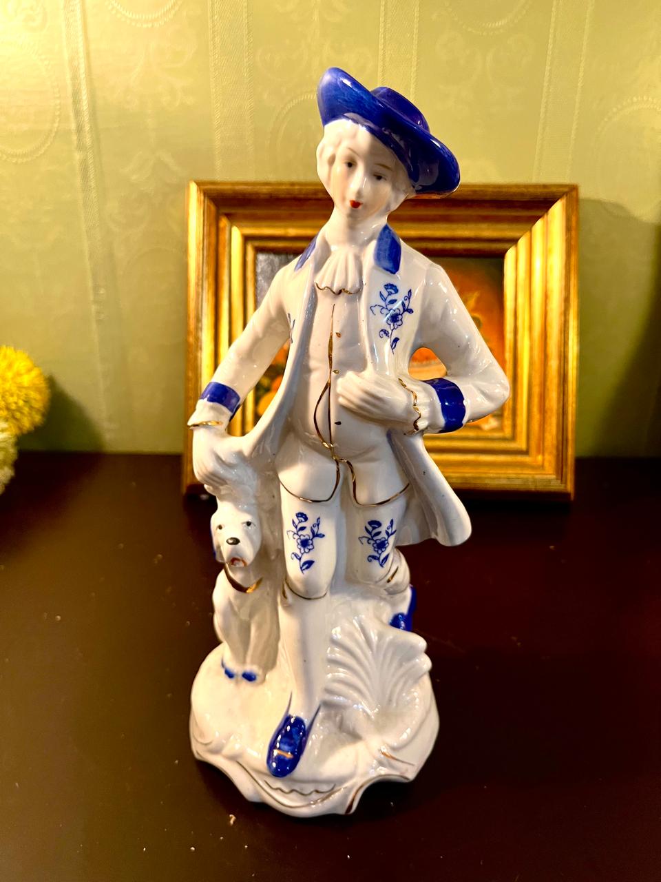 Vintage Blue & White Gentleman with Dog Porcelain Figurine – 10 Inch