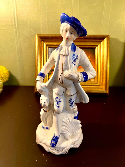 Vintage Blue & White Gentleman with Dog Porcelain Figurine – 10 Inch