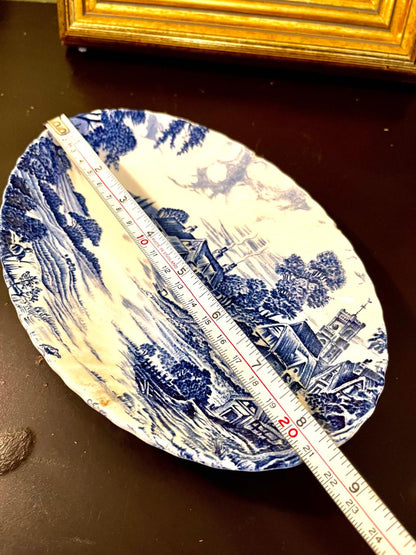 Vintage Blue & White English Countryside Oval Serving Platter – 8 Inch
