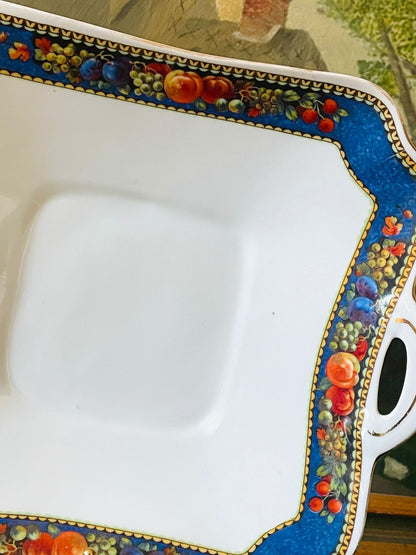 Vintage English Square Handled Serving Plater – Blue Border with Fruit & Vine Pattern