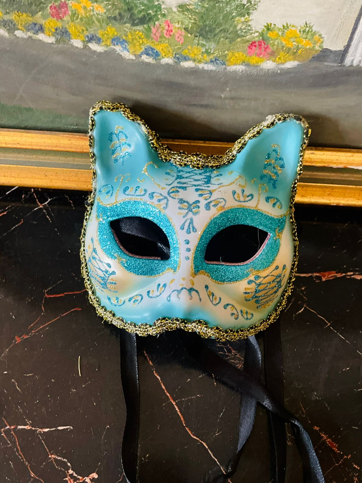 Turquoise Venetian Cat Masquerade Mask – Glitter & Gold Trim