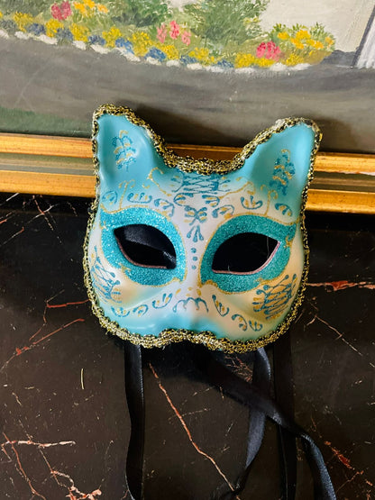 Turquoise Venetian Cat Masquerade Mask – Glitter & Gold Trim