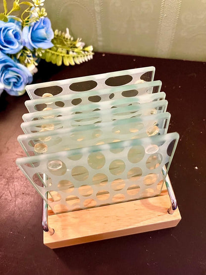 Modern Glass Coaster Set with Wooden Holder – 6 Piece