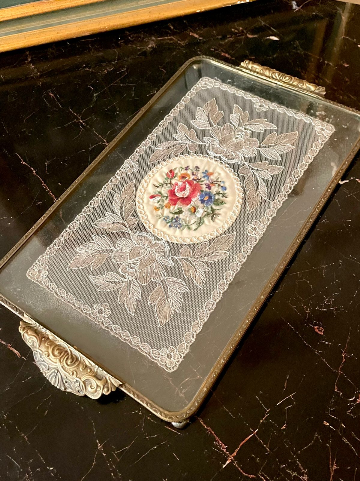 vintage vanity tray, glass lace tray, floral embroidered decor, brass handle tray, european vintage collectible, antique glass tray, vanity perfume tray, elegant dresser tray, sunset kitchen decor, vintage home styling pakistan