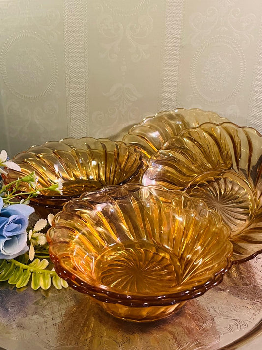 Vintage Amber Crystal Dessert Bowls Set of 6 – 13 cm Swirl Design